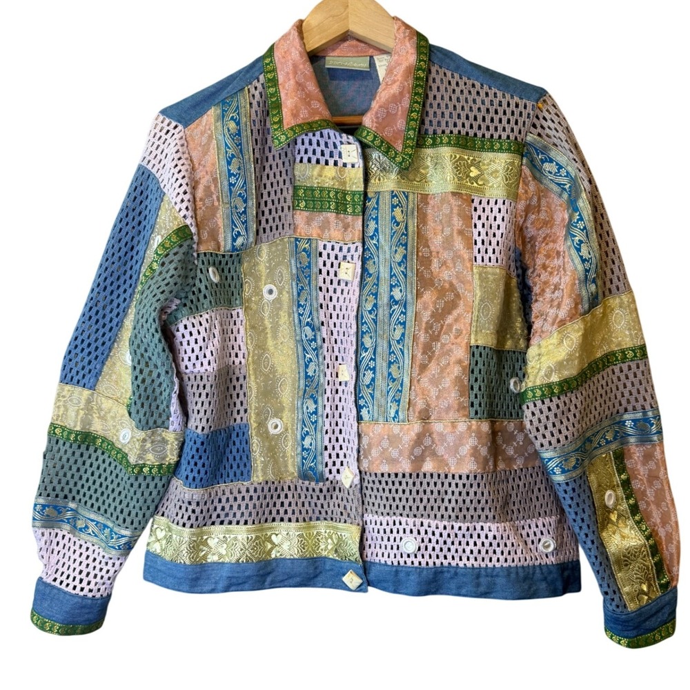 VTG 220 Hickory Patchwork Jacket Mixed Media Denim Crochet Large Art to Wear